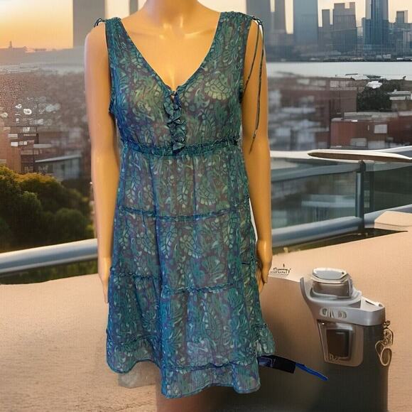 American Eagle Mini Dress Cover Up Sz4 Silky Sheer Floral Boho Double VNeck Sexy - Picture 1 of 9